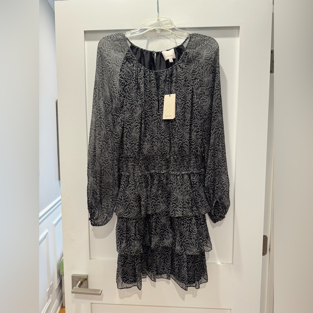 Cinq a Sept Annabel Silk Dress Black Printed Tiered Ruffle Georgette Size 8 NEW - Picture 2 of 9